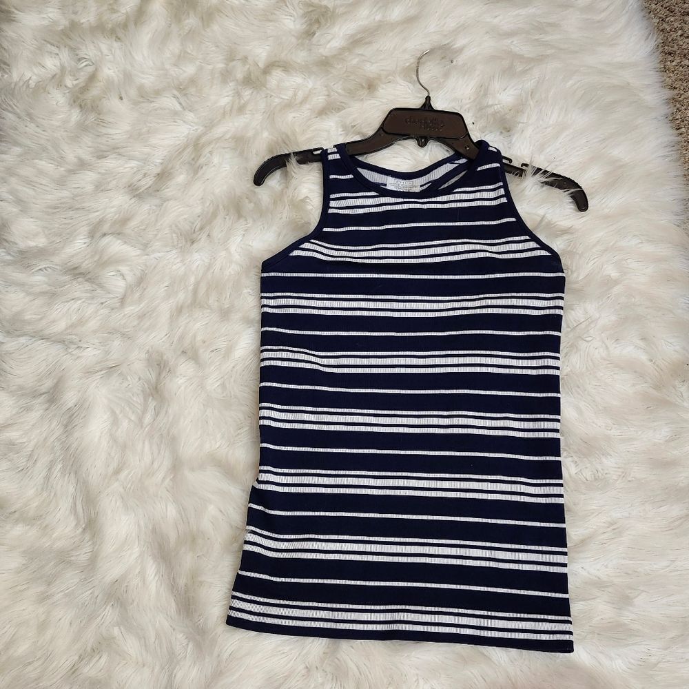 Athleta Ribbed Hi-neck Navy And White Stripe Tank Sz LG